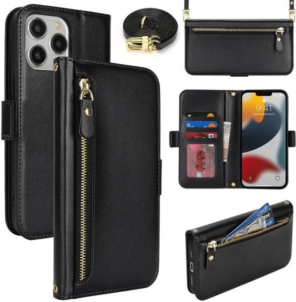Coque smartphone bandoulière en cuir noir avec rangement de cartes