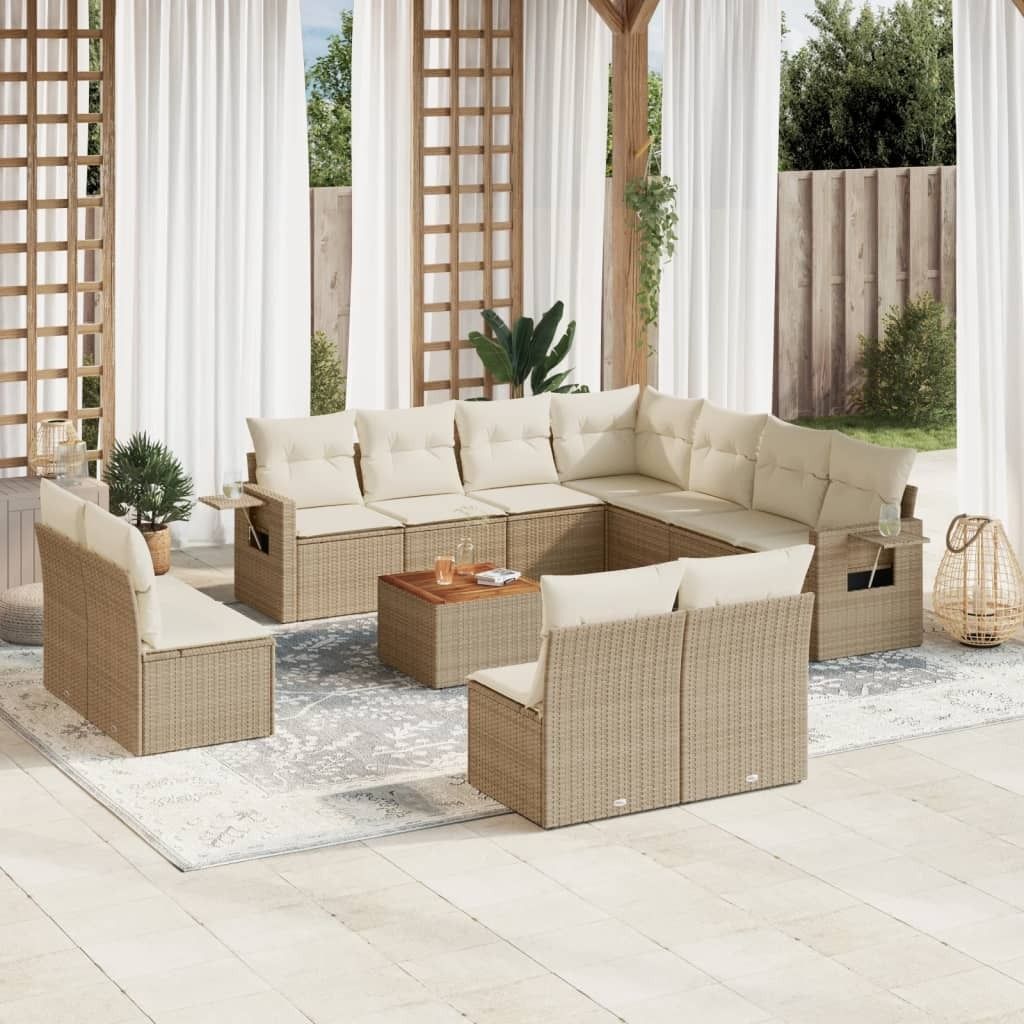 12-tlg. Garten-Sofagarnitur mit Kissen Beige Poly Rattan 3256954