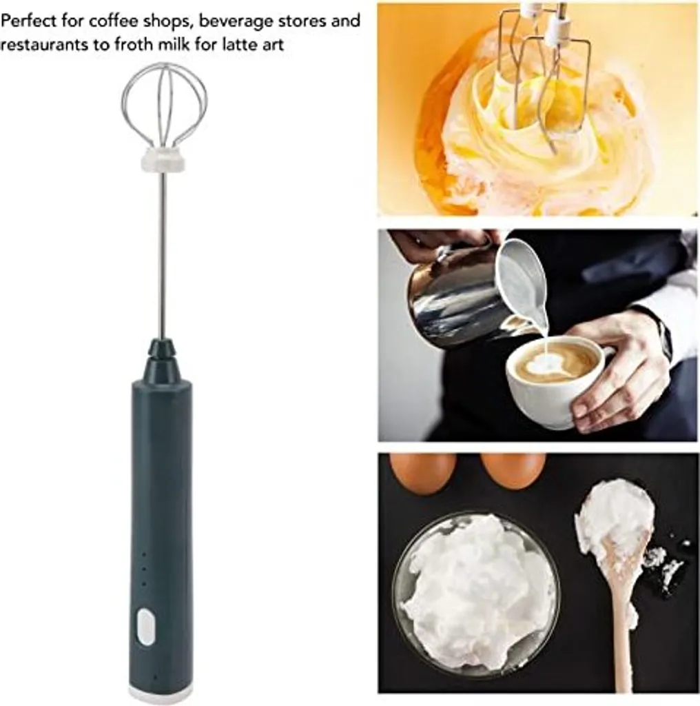 Mini frullatore elettrico a mano, frullino senza fili ricaricabile USB 2 teste latte, cappuccino, cioccolata calda, uovo (nero verde)