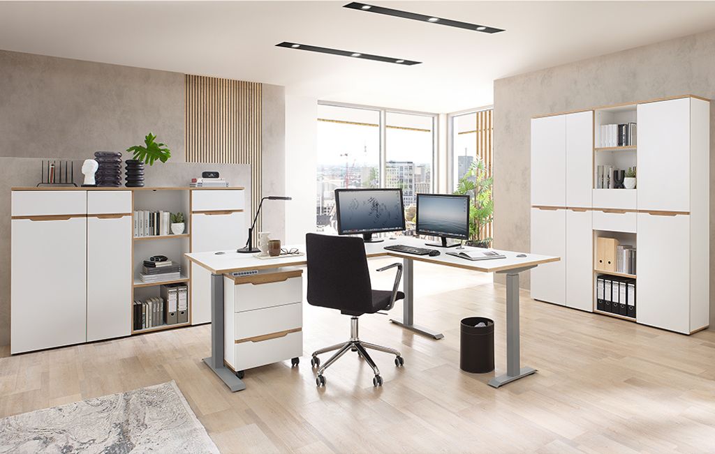 Büromöbel Set 8-teilig, mit höhenverstellbarem Winkelschreibtisch, MANRESA-36-WHITE in weiß