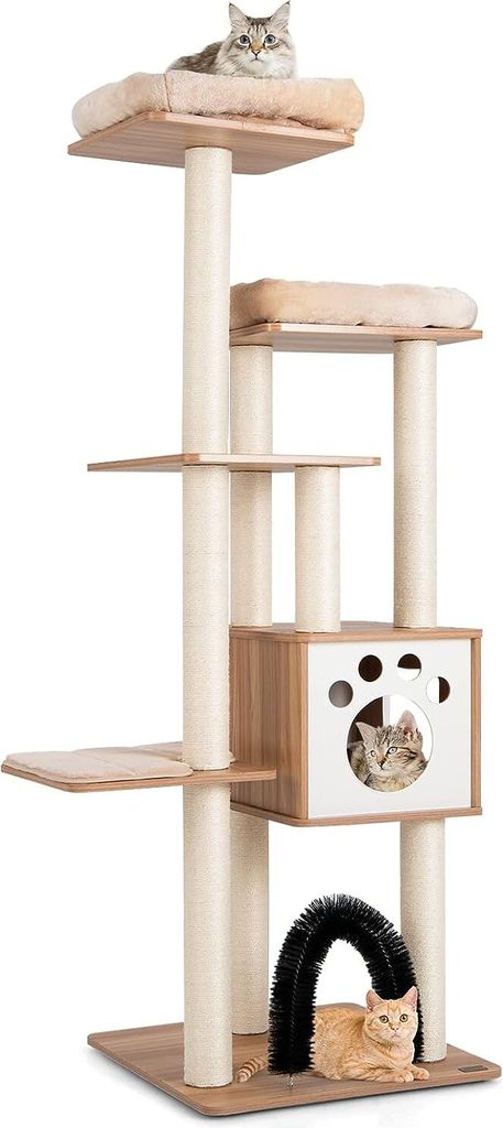 A multi-level cat tree with several platforms, a hideaway cube, and a tunnel, featuring two cats.