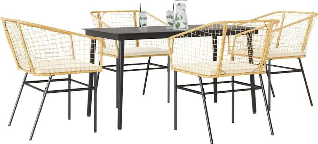 5-tlg. Garten-Essgruppe mit Kissen Braun Poly Rattan Glas, Gartenmöbel-Sets DesignMöbel