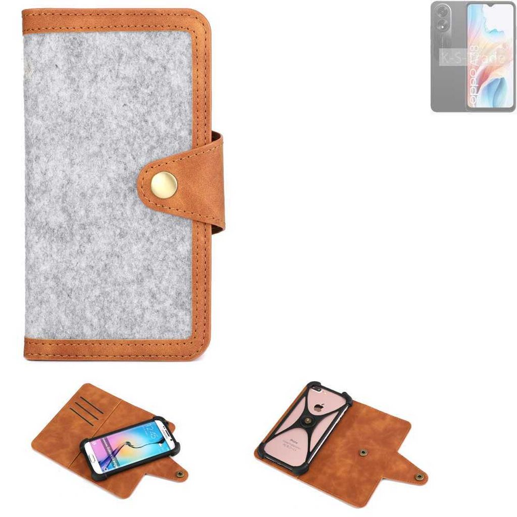K-S-Trade Handyhülle kompatibel mit Oppo A38 Schutzhülle Filz-Hülle Kunst-Leder hellgrau braun (1x)
