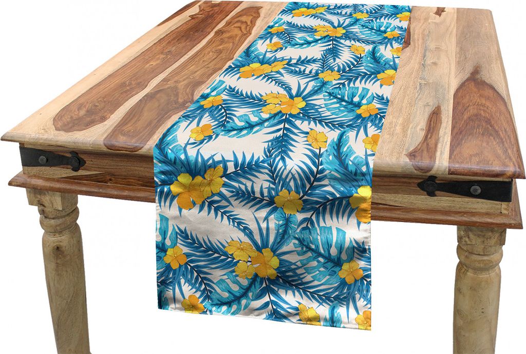 ABAKUHAUS Tropisch Tischläufer, Exotische Blätter und Blumen, Esszimmer Küche Rechteckiger Dekorativer Tischläufer, 40 x 180 cm, Blau Gelb Elfe...