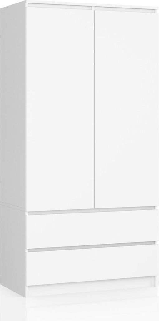 Kleiderschrank – Schlafzimmerschrank – Schrank mit Kleiderstange – Weiß Matt – 90 cm – Eleganter Drehtürenschrank mit 2 Türen und 2 Sc...