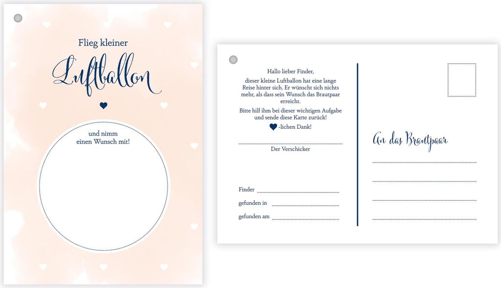 50 Ballonflugkarten für Hochzeit, gelocht und extra leicht zum Weitfliegen. Wetterfeste Ballonkarten mit Wünschen zur Hochzeit für einen extra l...