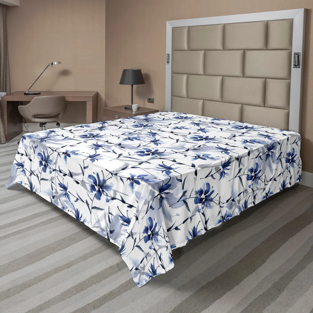 ABAKUHAUS Lenzuolo giapponese, stampa asiatica giapponese con motivi floreali, stampa orientale, lenzuolo morbido e confortevole per un letto decorativo, 1 pezzo, 266 cm x 260 cm, blu