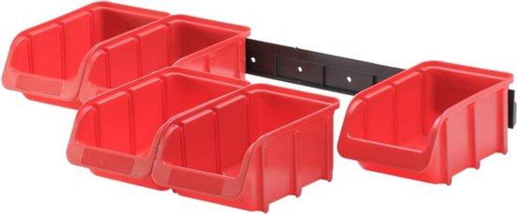 Kunststoff-Rail plus 5 x Schubladen, Maß 1, Wandhalter inkl. Schubladen für Reksystem, rot