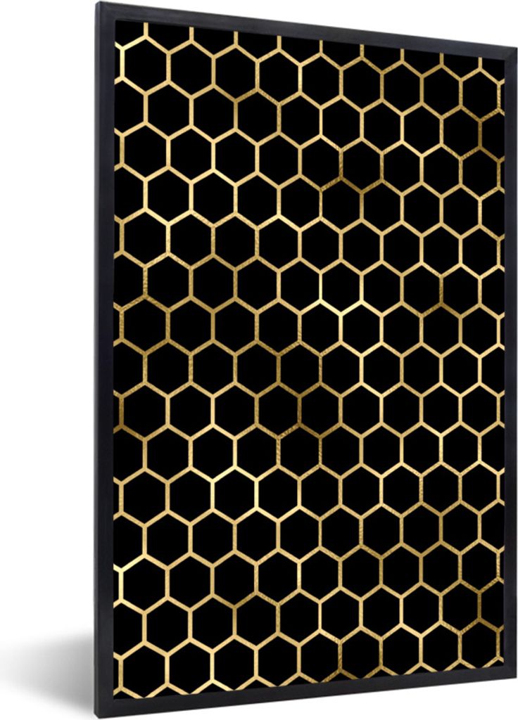 MuchoWow Gerahmtes Poster Muster - Sechseck - Gold 60x90 cm - Poster mit Schwarzem Bilderrahmen Wandposter Rahmen Foto Bilder - Kunst