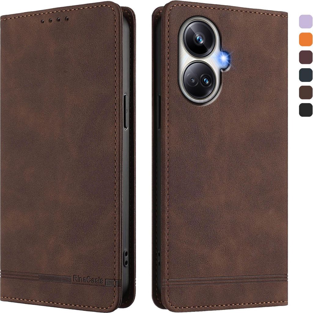 Hülle für Realme 10 Pro+, Retro Kunstleder Ständer Klapphülle mit Kartenfächer und Magnetische Braun