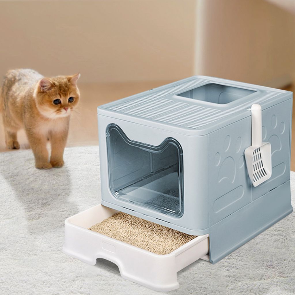 Katzentoilette mit Schaufel Katzenklo mit ausziehbarer Schale Faltbar 41×51×38cm Blau