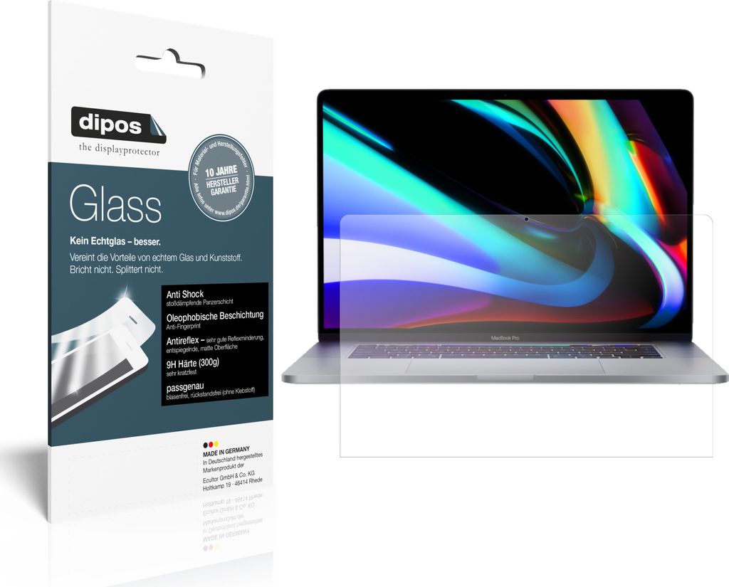 1x Schutzfolie für Apple MacBook Pro 16 Zoll (2020 + 2019) matt - Anti-Shock 9H Folie dipos Glass Kunststoffglas