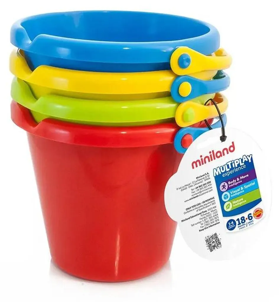 Seau Miniland multicolore incassable lot de 4 pour activités de plein air