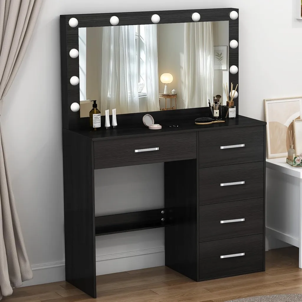 Table de maquillage moderne noire avec miroir lumineux LED réglable - XL