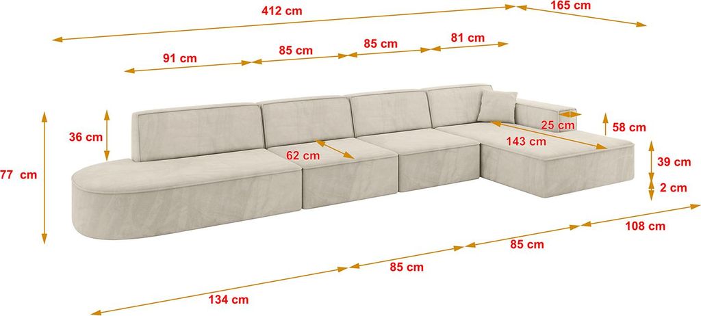 ALTDECOR Ecksofa in L-Form IREA-L3-v4 412x165x77 cm Beige Corner Sofa Eckcouch Couch Wohnlandschaft Cauchsofa