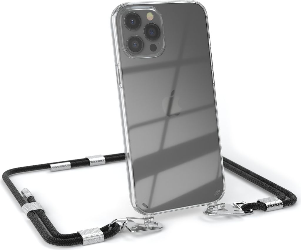 EAZY CASE Handykette für Apple iPhone 12 Pro Max, Transparente Silikonhülle mit Band, Clear Case, abnehmbar in Schwarz