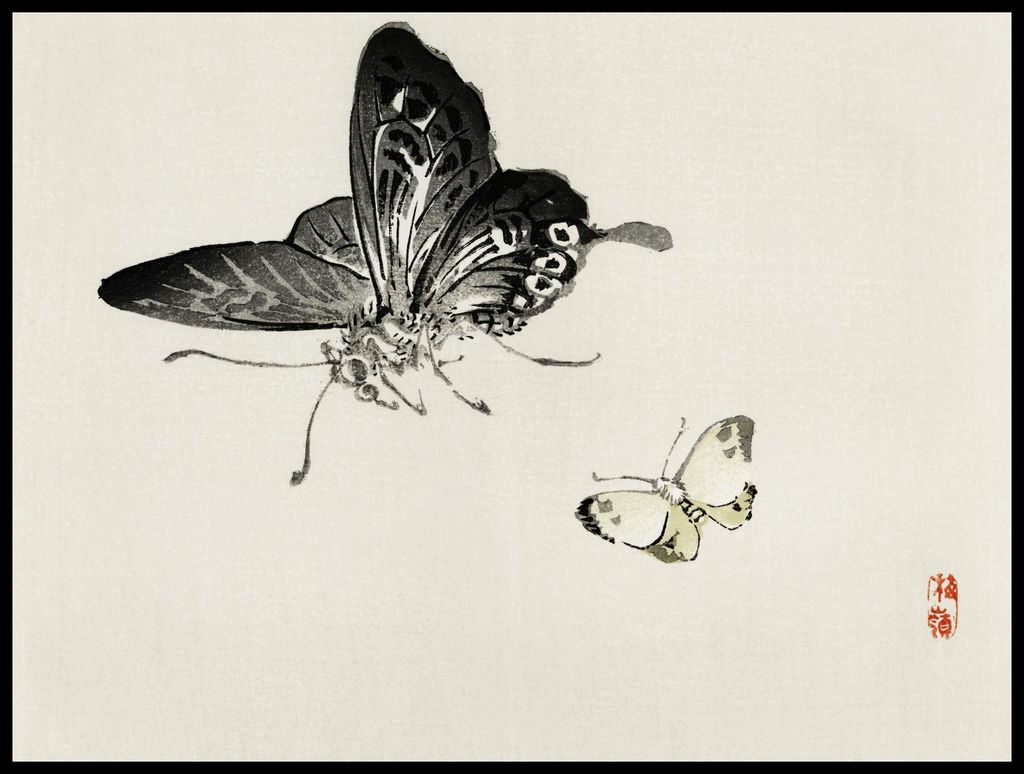 Plakat 80x60cm Schmetterlinge, Kōno Bairei Japanisches Vintage für das Wohnzimmer