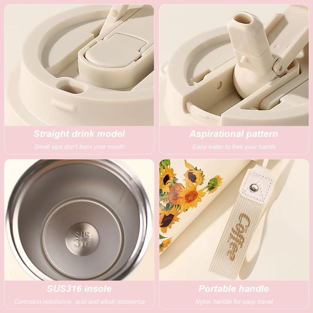 Isolierte Kaffeetasse 500 ml - doppelwandiger Edelstahl - auslaufsicher und BPA-frei - tragbare Kaffeetasse mit Strohhalm - für heiße und kalte G...