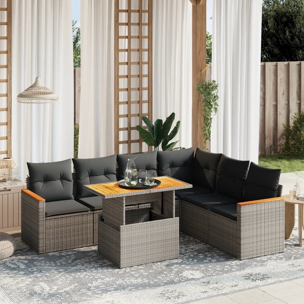 Design 7-tlg. Garten-Sofagarnitur mit Kissen Grau Poly Rattan, Gartenmöbel-Sets 2024 Neu