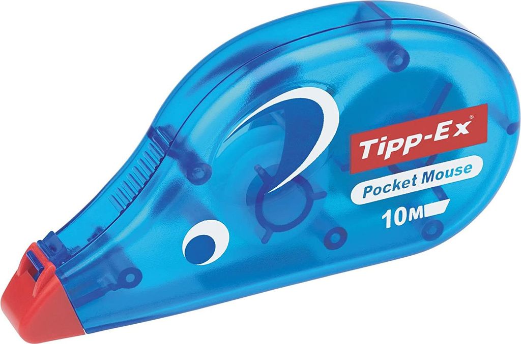 A blue Tipp-Ex Pocket Mouse correction tape dispenser.