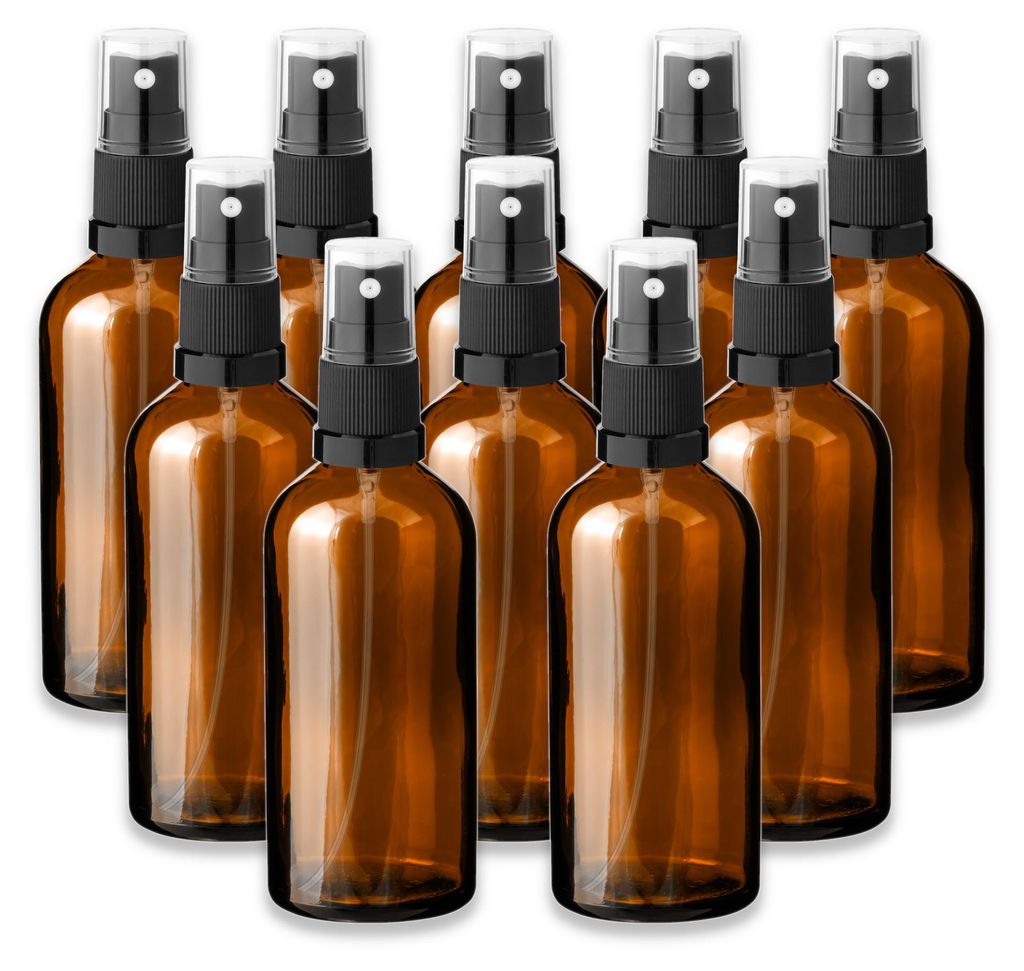 10x Braune Glasflasche 100 ml mit schwarzem Zerstäuber Produktbild 