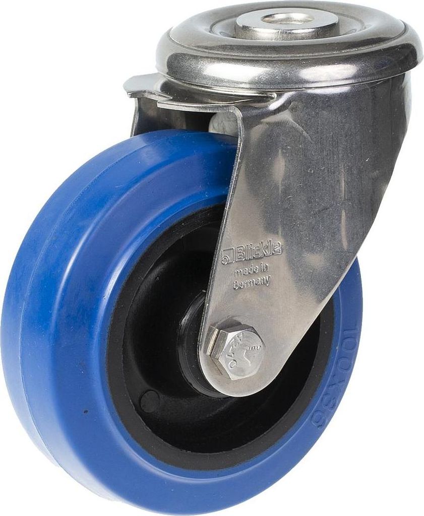 100-mm-Edelstahl-Lenkrolle mit blauem Elastikgummi auf Nylon-Mittelrad
