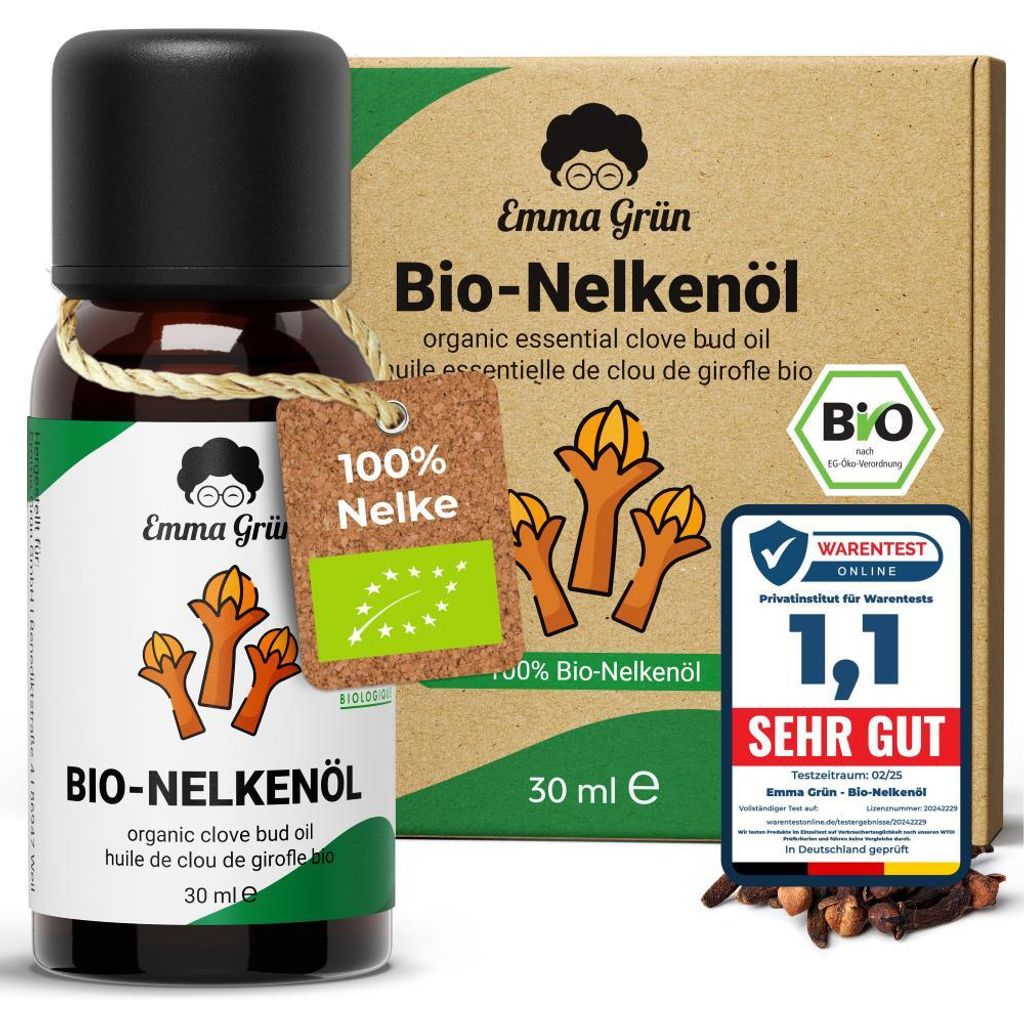 A bottle of essential oil and its packaging are displayed, along with promotional badges and text.