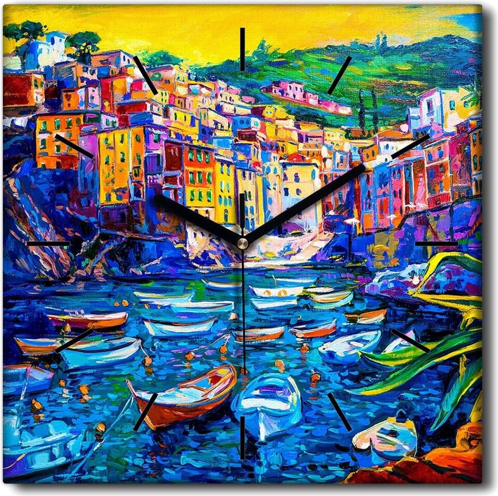 Coloray Uhr auf Leinwand 30x30 cm Wand Uhr Dekoration Wohnzimmer Segeltuch schwarze Hände -Italien Stadtberge.