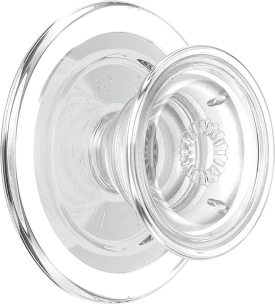 A clear glass doorknob with a circular base.