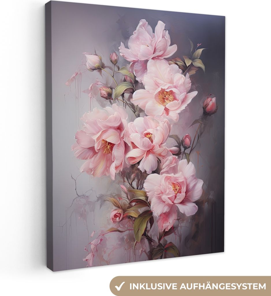 MuchoWow - Leinwandbilder - Rosen - Blumen - Rosa - Kunst - Aquarell, Wandbild, Wanddeko Bilder Wohnzimmer, 30x40 cm
