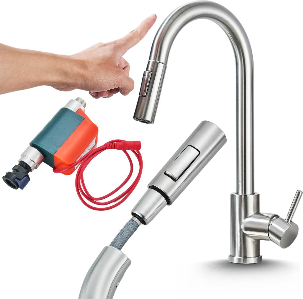 2-Wege Küchenarmatur Totto, Modern-design, 360° schwenkbar, herausziehbare Brause, Einzelauslauf, Keramikkartusche INOX