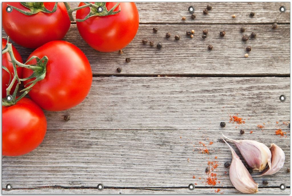 Wallario Outdoor-Poster für Garten oder Balkon, Motiv Tomaten und Gewürze auf altem Holztisch, in ca. 80 x 120 cm