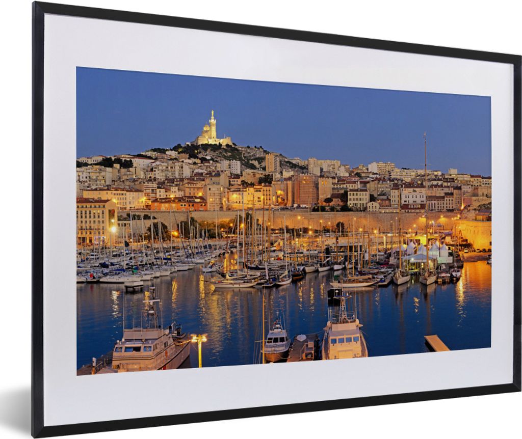 MuchoWow MuchoWow Gerahmtes Poster Abend - Hafen - Marseille 60x40 cm - Poster mit zchwarzem Bilderrahmen - Schlafzimmer - Plakat in Rahmen - D...