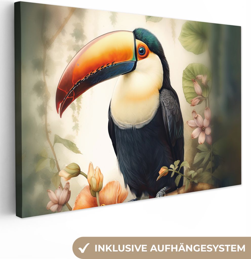 OneMillionCanvasses - Leinwandbilder - 140x90 cm, Tukan - Vogel - Blumen - Pflanzen, Wandbilder Kunstdruck Wanddekoration - Foto auf Leinwand - G...