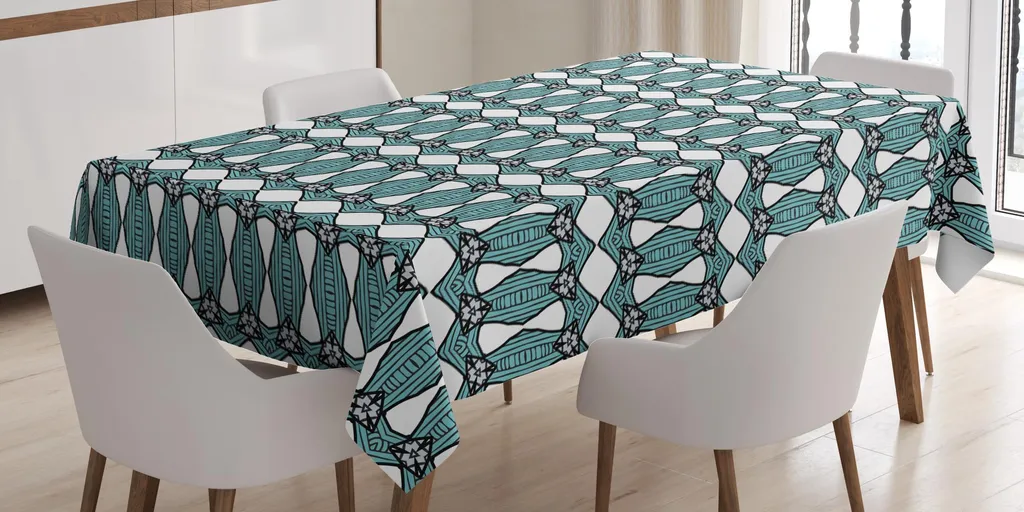 Tovaglia Azteca ABAKUHAUS 140x200 - Design Etnico Turchese e Bianco