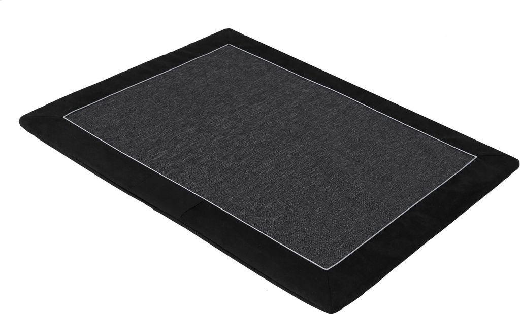 A dark gray dog mat with a black border and a thin white line accent, shown from a slightly elevated angle on a white background.