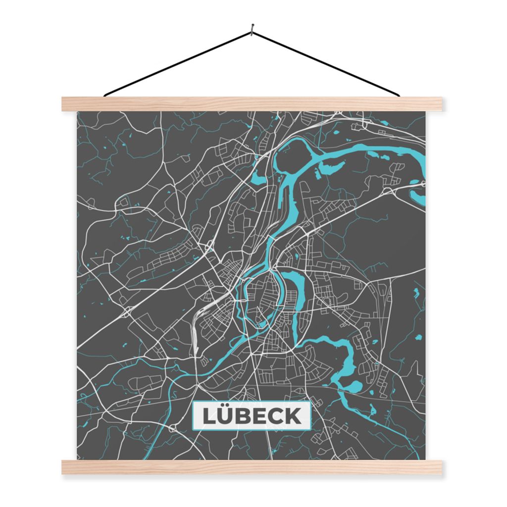 MuchoWow Textilposter Lübeck - Stadtplan - Blau - Karte - Deutschland 60x60 cm mit holzfarbenen Rahmen - Wanddekoration