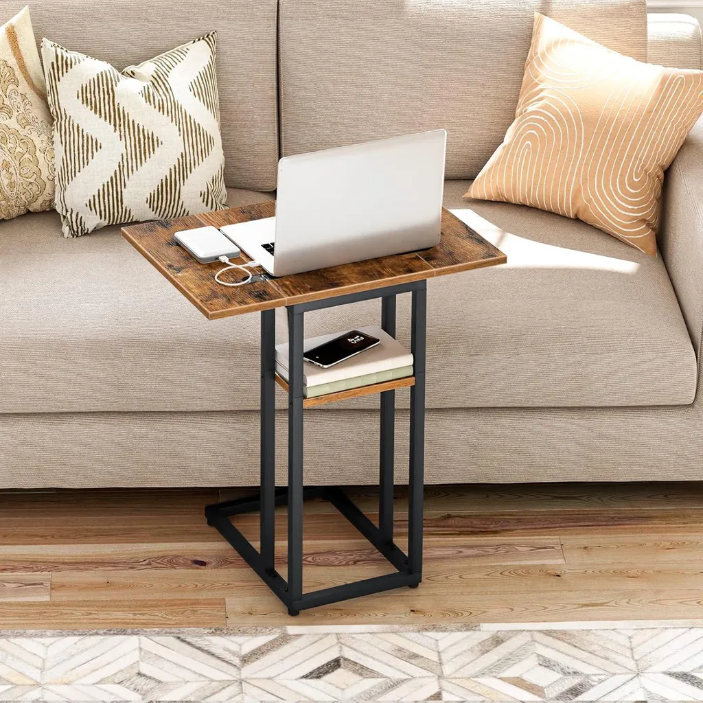 Bout de canapé pliant Table d'appoint en C avec étagère de rangement bois