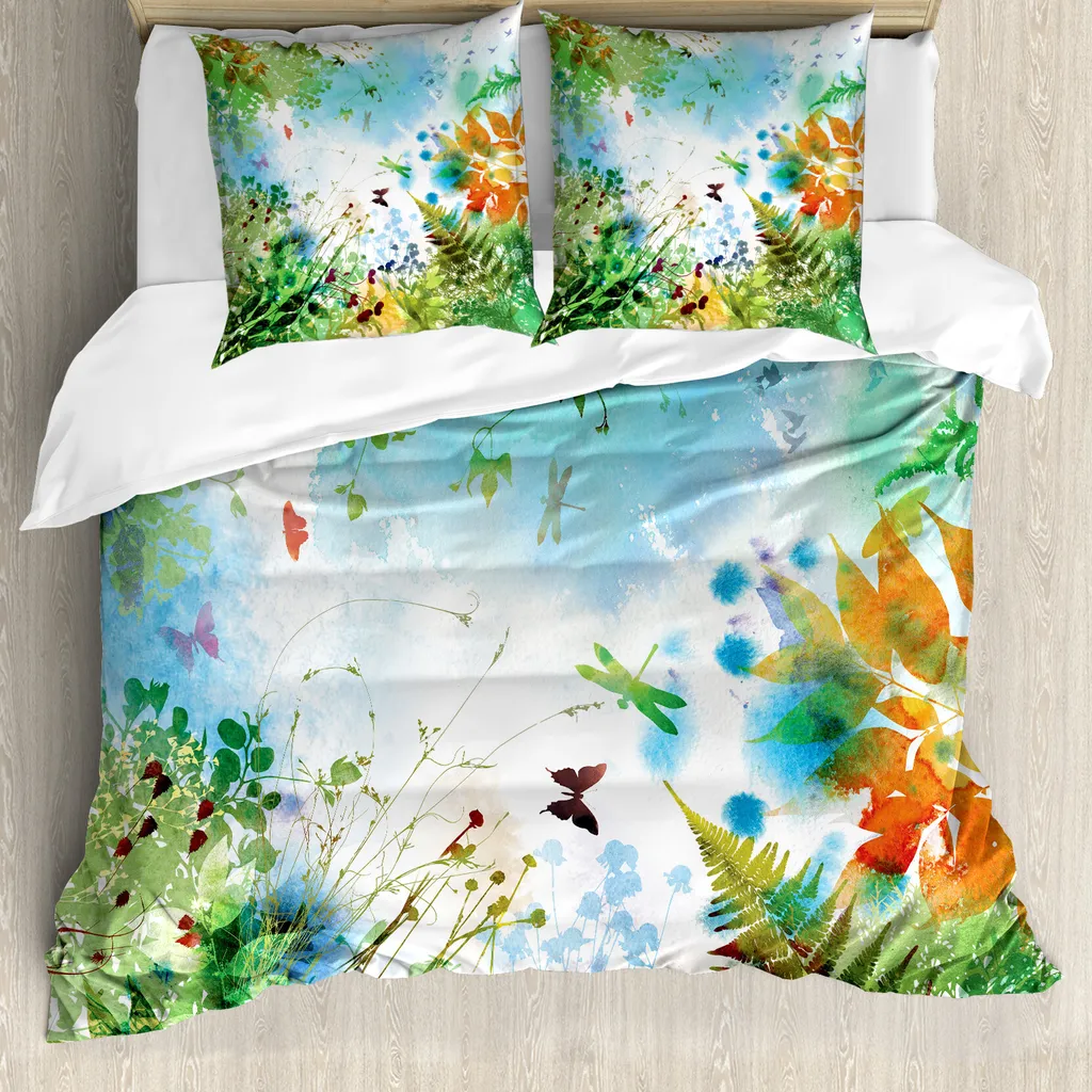 ABAKUHAUS Copripiumino Libelle, fiorito naturale, antiacaro, adatto a chi soffre di allergie, con federe, 155 cm x 220 cm - 80 x 80 cm, multicolore