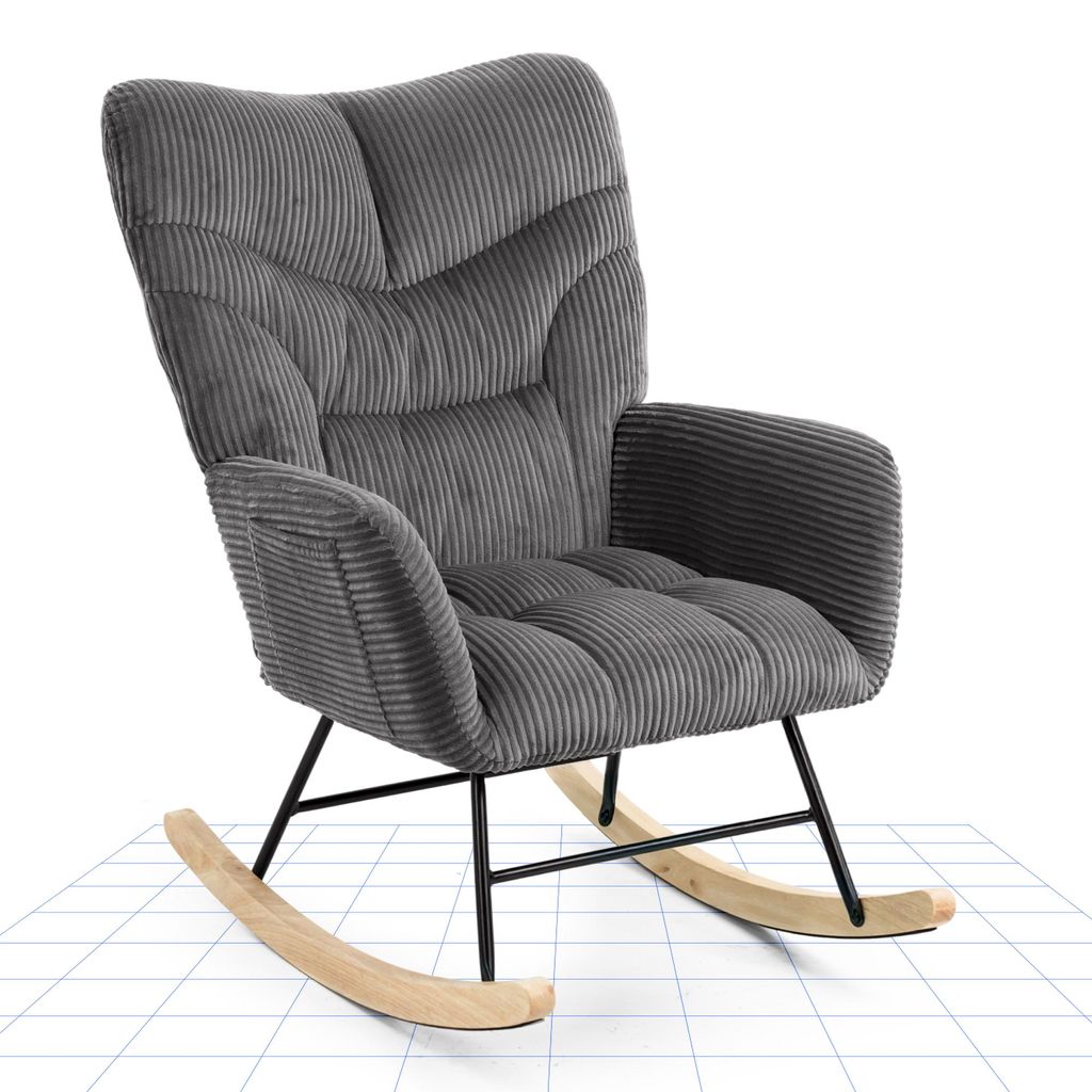 FLEXISPOT Schaukelstuhl Schaukelsessel hohe Rückenlehne & Armlehnen, Moderner Relaxsessel mit Holzkufen, gepolstert für Wohnzimmer, bis 120 kg Grau