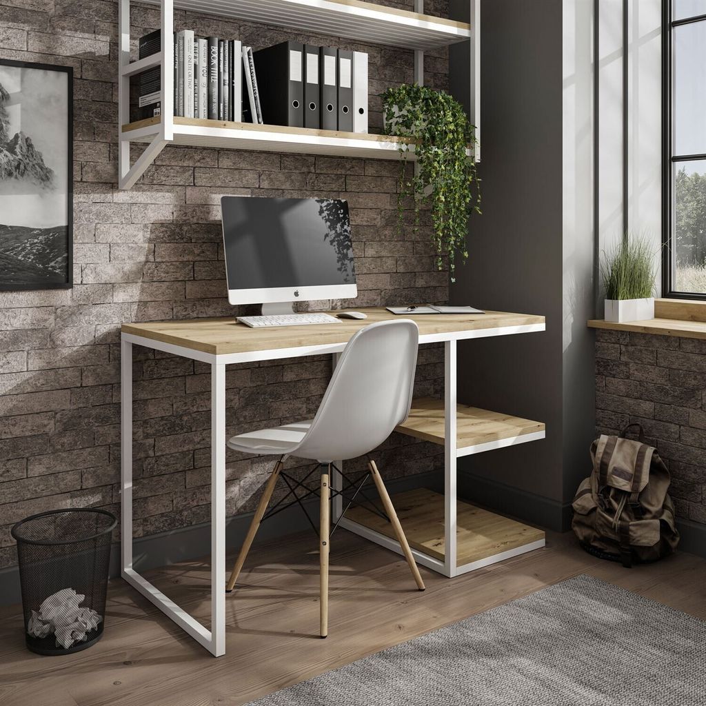 Arbeitsschreibtisch Computerschreibtisch MODERN LOFT Weiß / Artisan Eiche