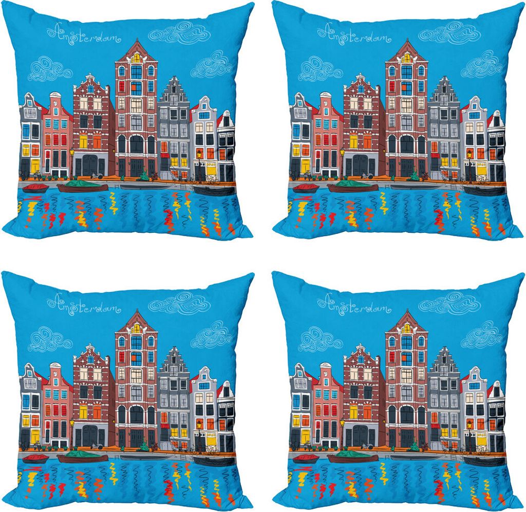 ABAKUHAUS Amsterdam Kissenbezug Set (4 Stück), berühmten Canal, Moderner Doppelseitiger Digitaldruck, 50 cm x 50 cm, Mehrfarbig