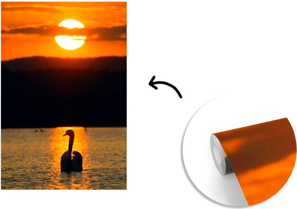 MuchoWow Fototapete für Wohnzimmer oder Schlafzimmer Wandtapete Vinyl Motivtapete Schwan - Sonnenuntergang - 150x220 cm - Wandbilder