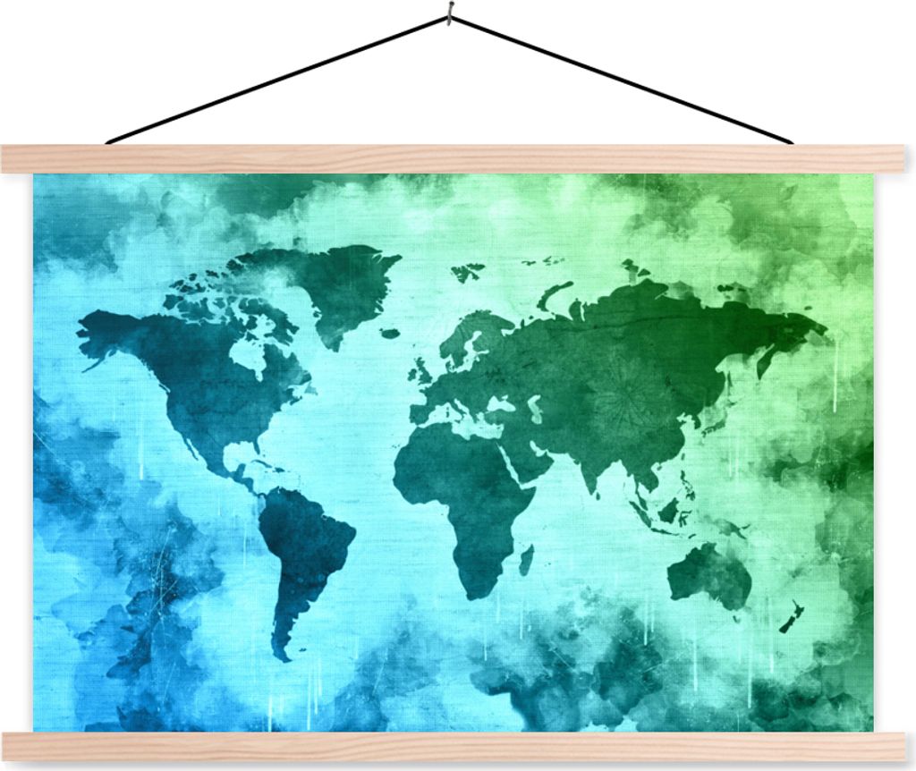 MuchoWow Textilposter Weltkarte - Blau - Grün 120x80 cm mit holzfarbenen Rahmen - Aufhängeset