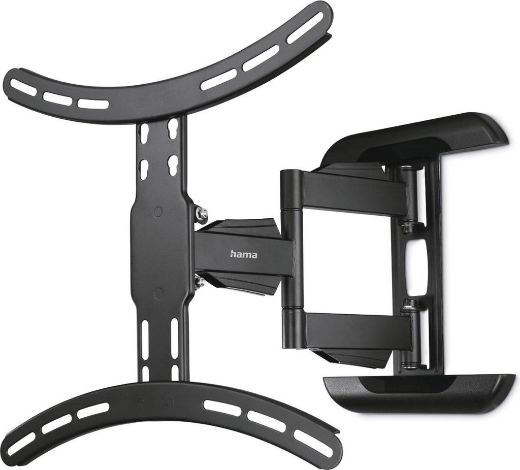 A black, articulated TV wall mount is shown against a white background.