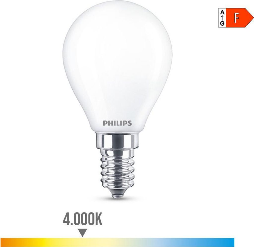 A Philips LED light bulb with an energy efficiency rating label.