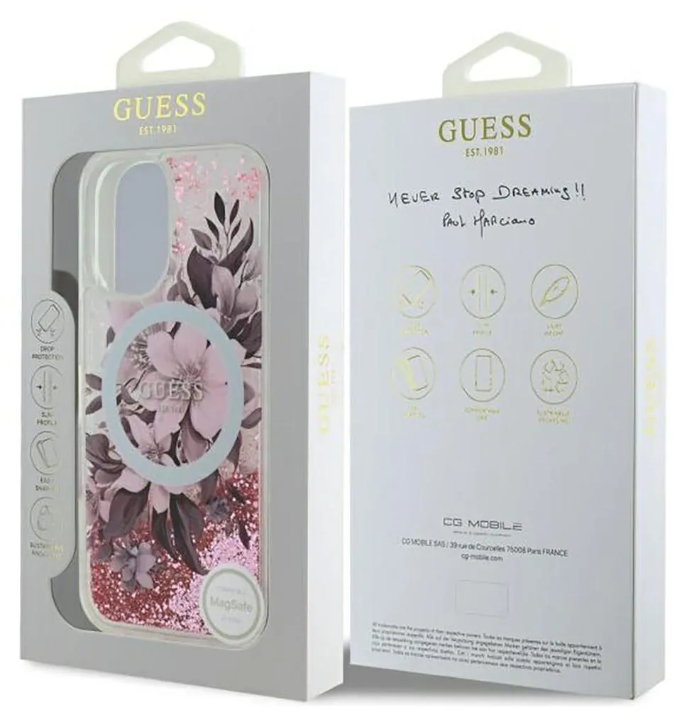 Custodia Guess Liquid Glitter Flower per iPhone 16 Rosa MagSafe - 8