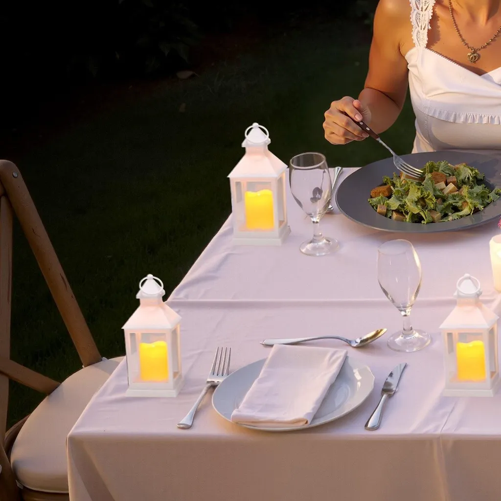 12 lanterne decorative per candele, candele elettriche LED senza fiamma, supporto LED in plastica con vetro, lanterne da appendere alla parete per interni e verande, per tavoli di nozze, feste, arredamento interno in stile rustico, bianco - 8