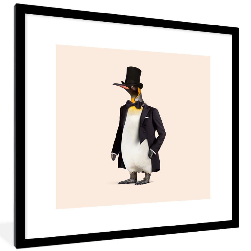 MuchoWow Gerahmtes Poster Pinguin - Tier - Hut - Schwarz 40x40 cm - Poster mit Schwarzem Bilderrahmen Wandposter Rahmen Foto Bilder - Poster - Pl...