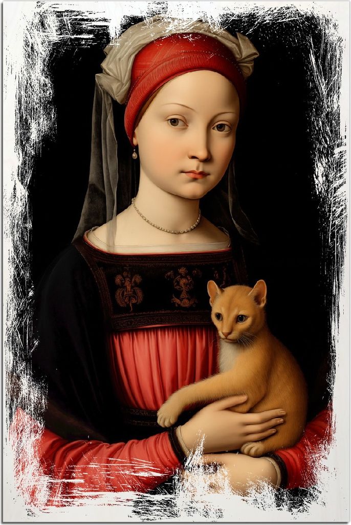 Kunstdrucke Wandbilder Holz in : Brillante Farben, Größe 60 x 90 cm Motiv Dame mit Kätzchen